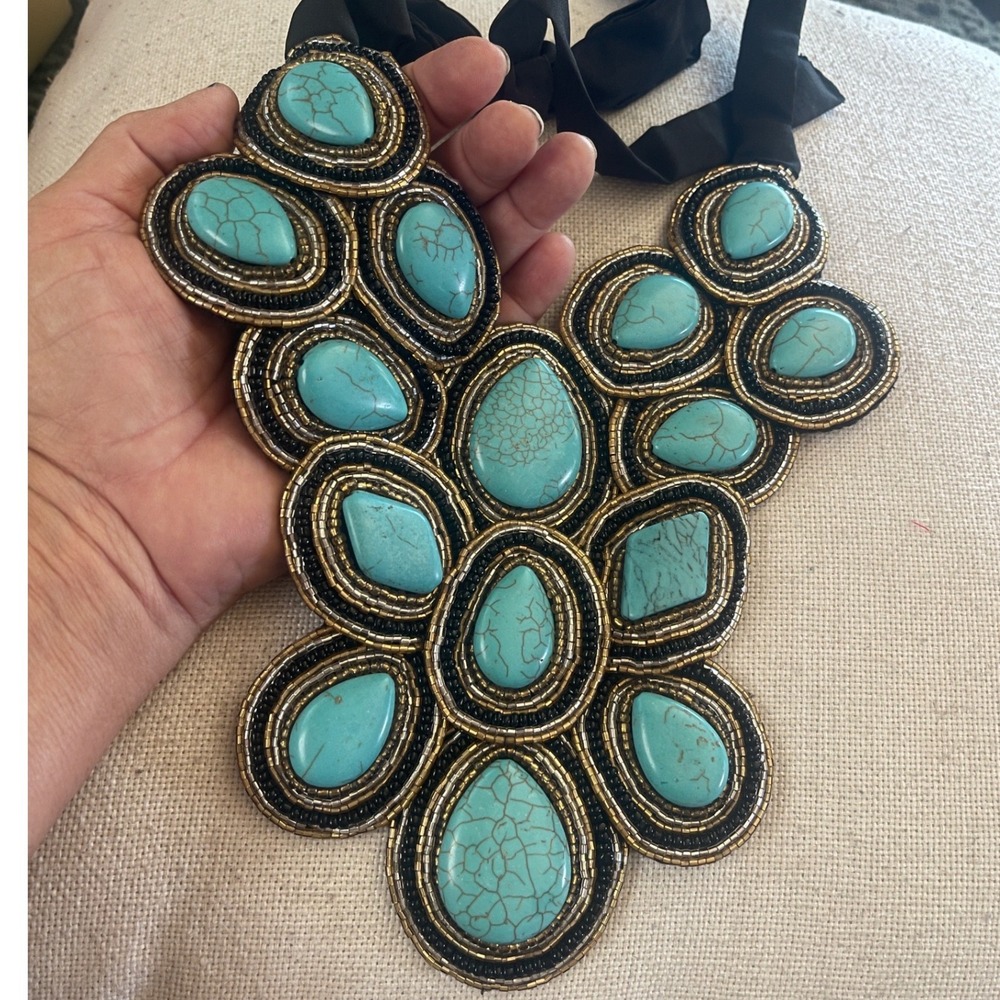 Turquoise-Hued Cabochons Southwestern Bib Necklace Handmade Ribbon Tie Back - Picture 8 of 9